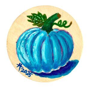 Blue Pumpkin Original Acrylic Painting on Wood Round 4in Desk or Wall Art